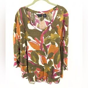 Tahari 100% Linen Top Womens Size 2X Floral 3/4 Sleeve Green Pink Orange Shirt